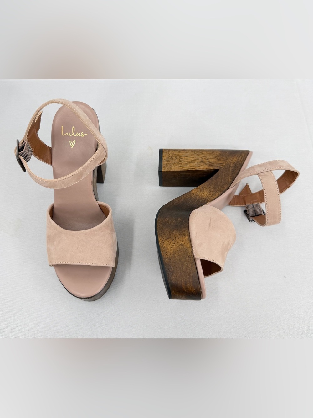 Leather Wood Platform Block Heel Sandals Nude 6.5 resort boho eurosummer coastal - Picture 3 of 16